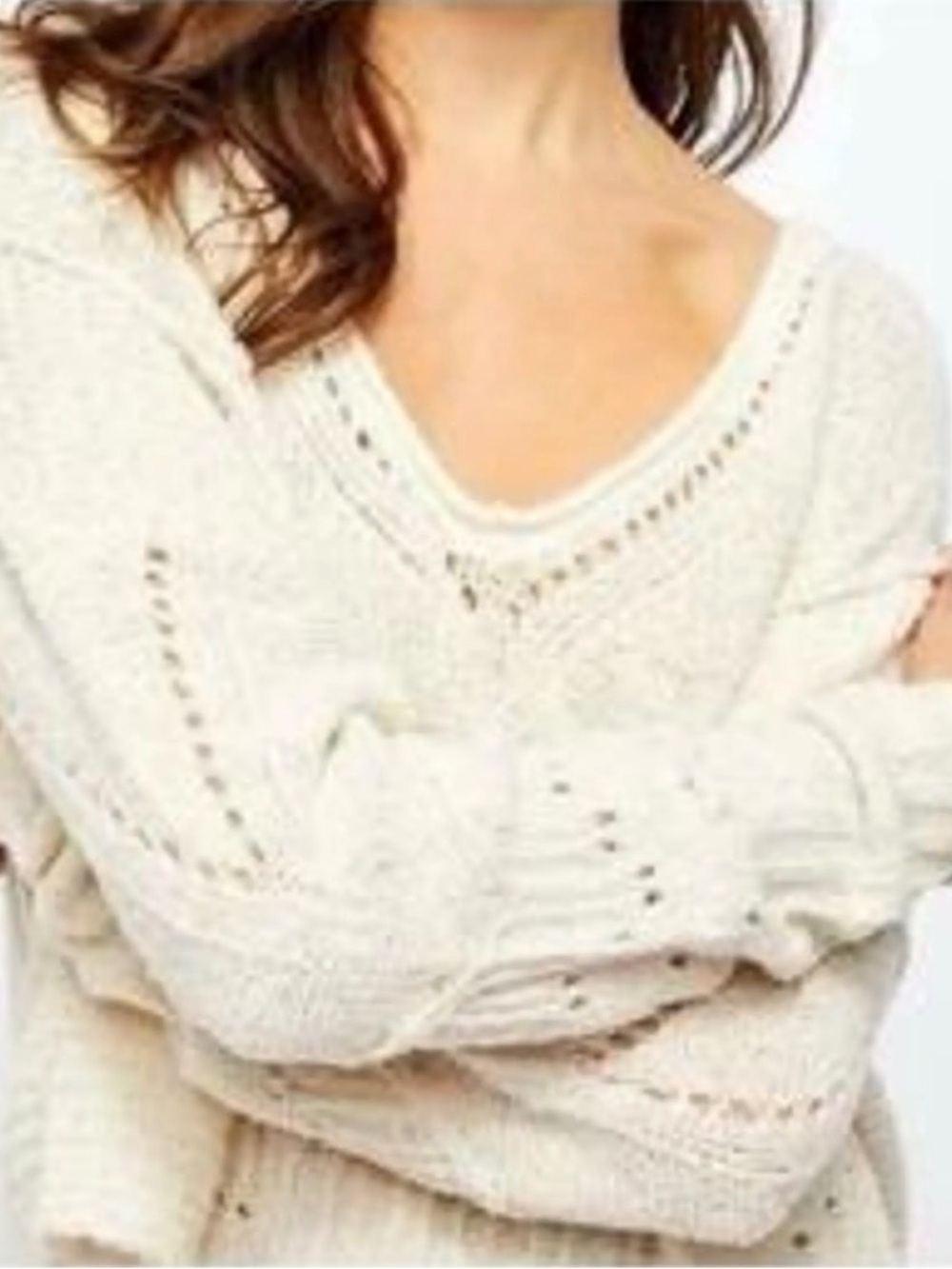 Light Cream V-Neck Open-Knit Women's Sweater